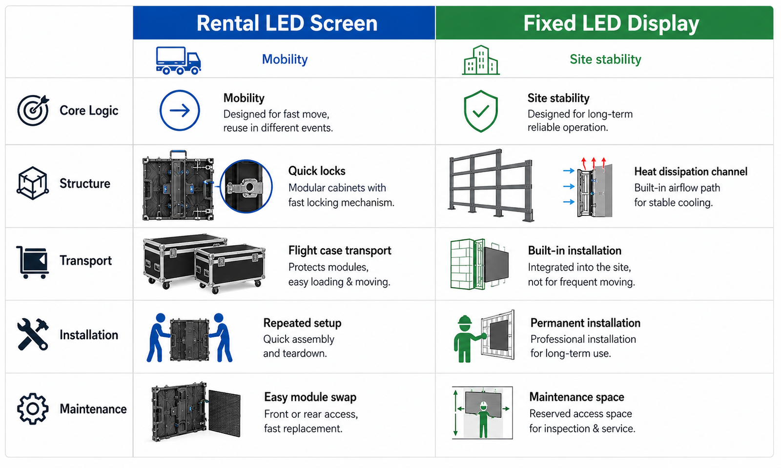 Engineering logic comparison between rental LED screen mobility and fixed LED display site stability..png Engineering logic comparison between rental LED screen mobility and fixed LED display site stability..png