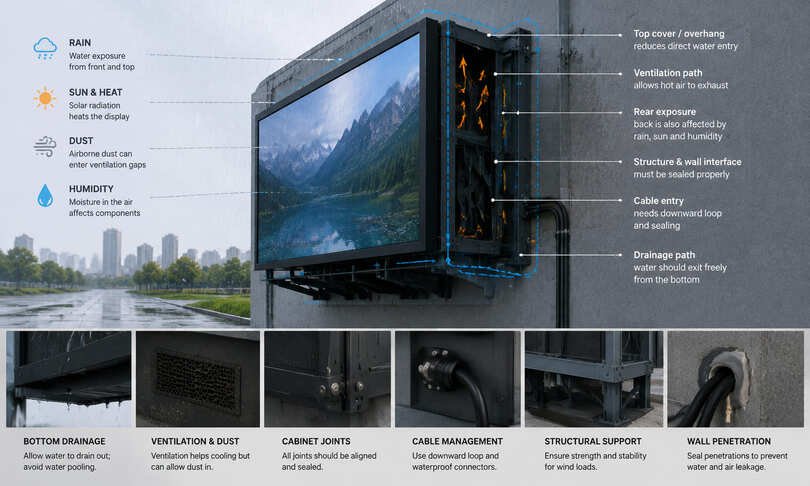 Outdoor LED display viewing positions, angles, screen height, and content-detail planning.