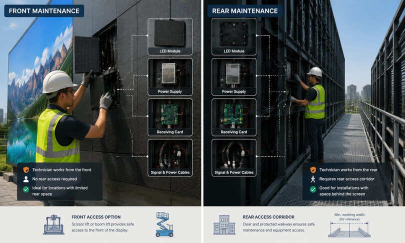 Front-service and rear-service access routes for outdoor LED display maintenance planning.