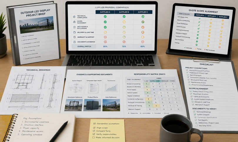 Outdoor LED display RFQ checklist linking project conditions to supplier evidence and responsibility requests.