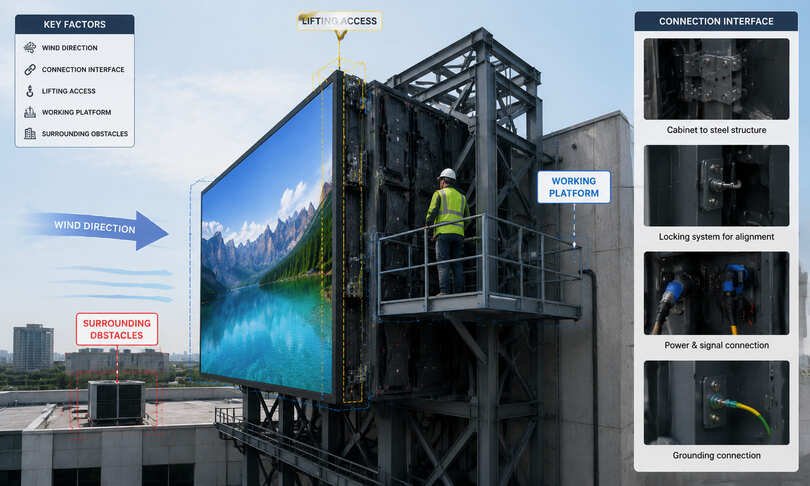 Outdoor LED display viewing positions, angles, screen height, and content-detail planning.