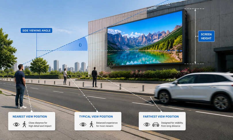 Outdoor LED display viewing positions, angles, screen height, and content-detail planning.